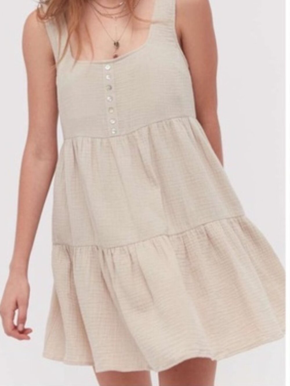 Urban Outfitters Beige Cotton Gauze Babydoll Mini Dress - Size Large